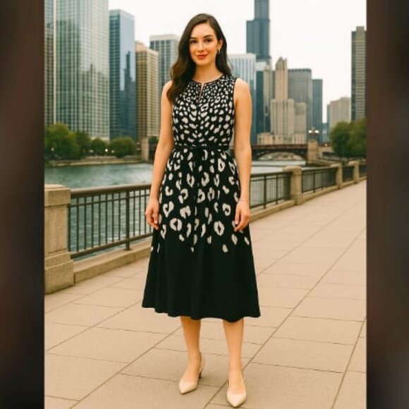 David Meister Dresses & Skirts - New DAVID MEISTER Black\White Leopard Midi Dress Belted Sleeveless 6 MSRP $238